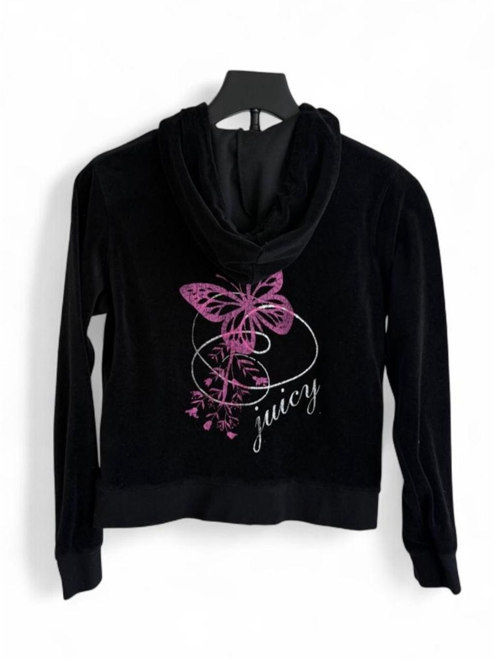 Juicy Couture Black Velour Hoodie with Pink Butterfly Graphic